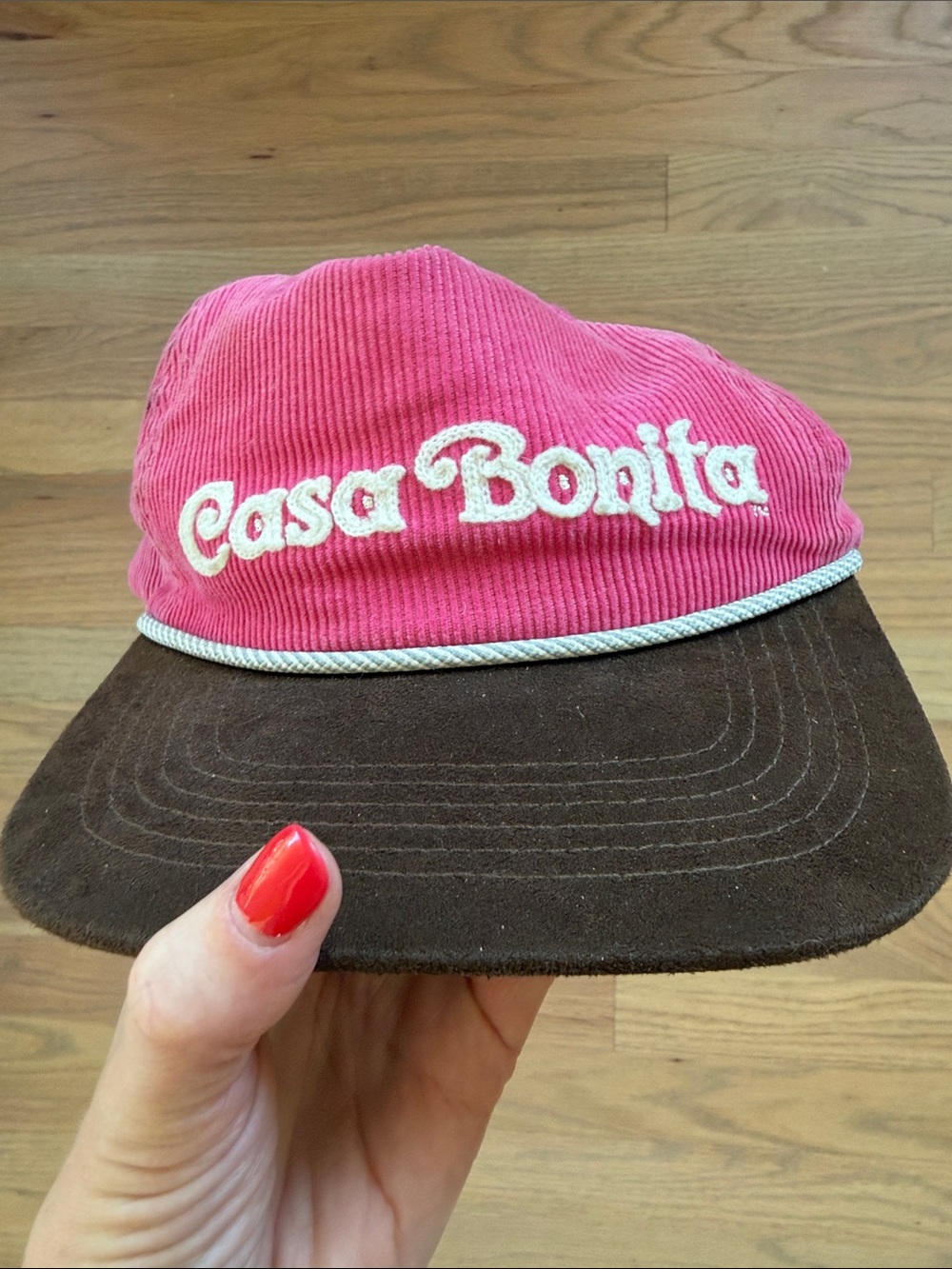 Unisex Pink Casa Bonita Corduroy Hat with Brown Suede Brim